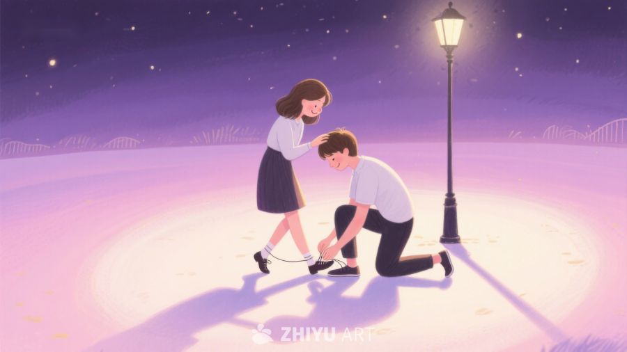 夜色下，男孩为女孩系鞋带 585