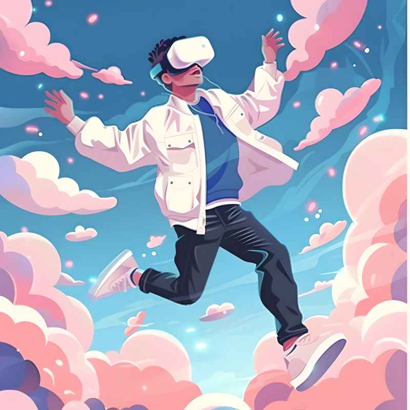 一个戴着VR眼镜的年轻人在空中飞翔，平面插画风格 6