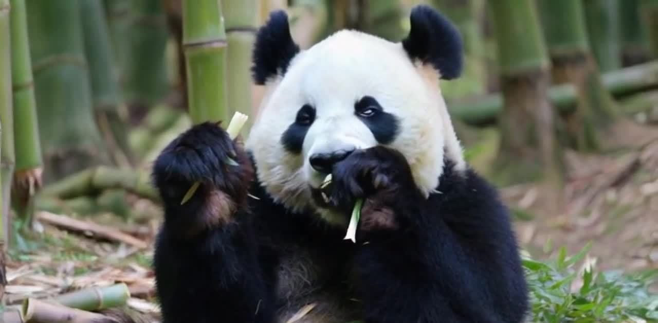 一只黑白相间的大熊猫坐在竹林中，它的嘴里衔着一根竹