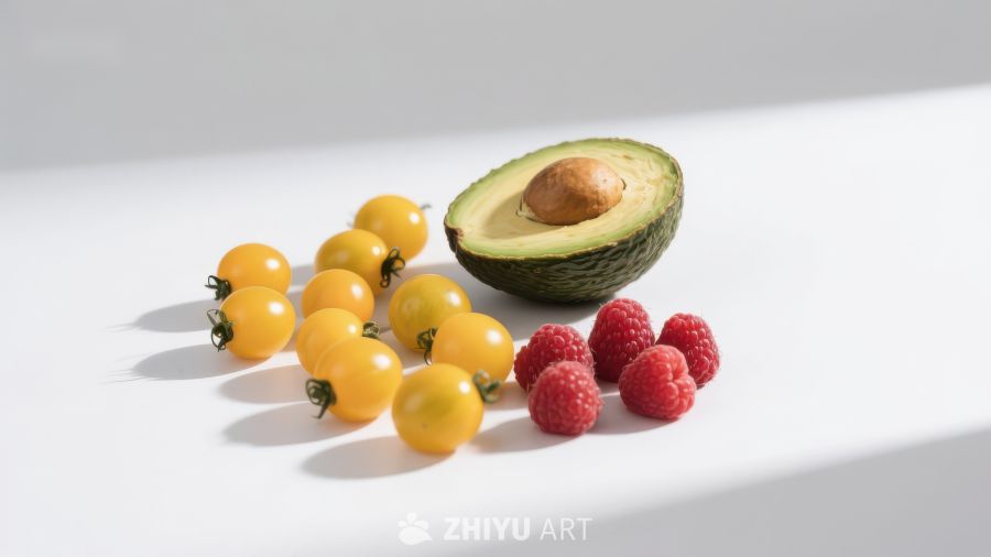 新鲜水果组合：牛油果、樱桃番茄与覆盆子