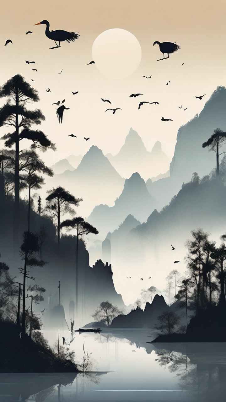国风山水鹤插画背景 78