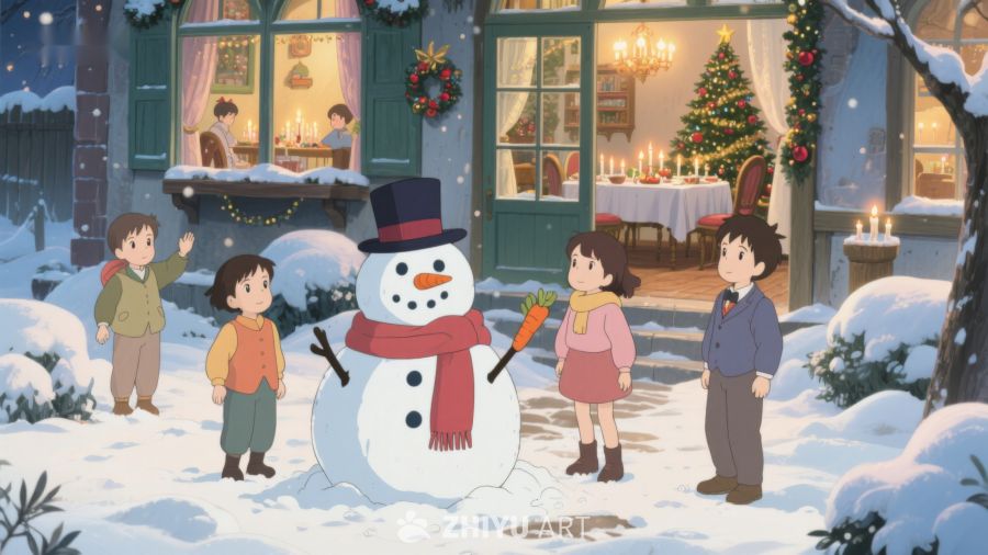 冬日雪景中孩子们与雪人的温馨时刻 17