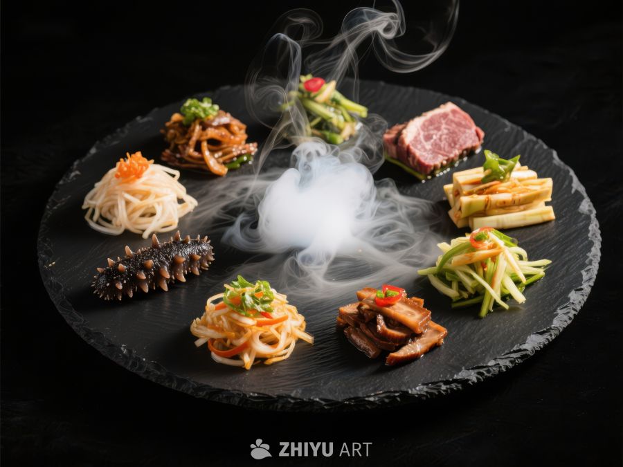 精致料理拼盘，烟雾缭绕增添神秘感 499