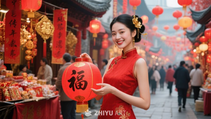 女子身着红裙手持灯笼庆祝节日 690
