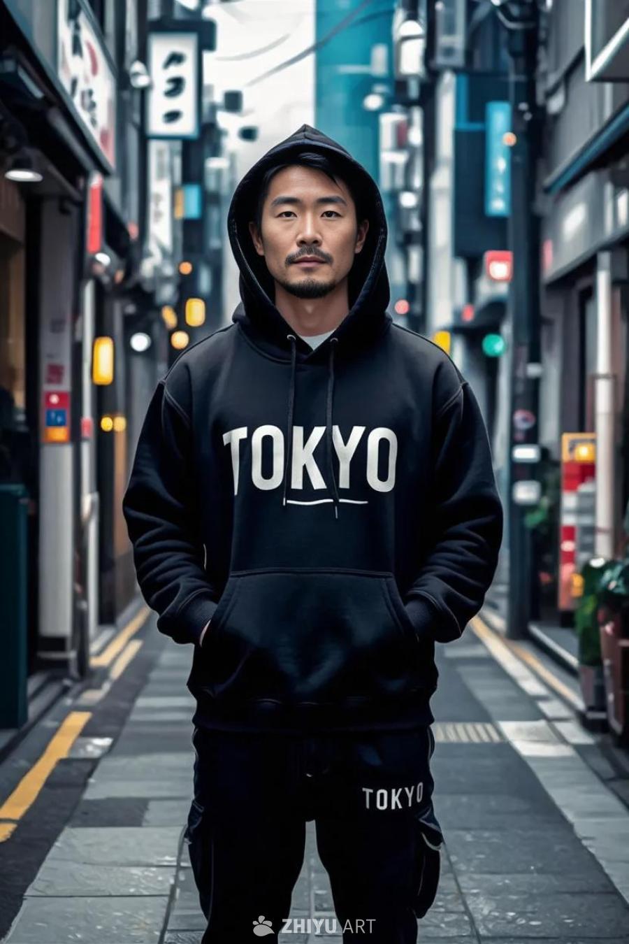 一个男人站在东京的人行道上，穿着一件连帽衫，连帽衫