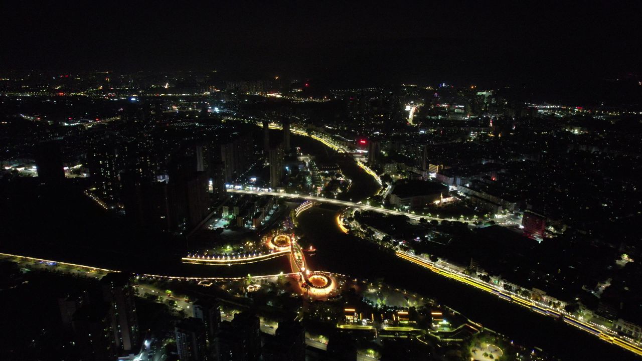 广东江门城市夜景交通航拍