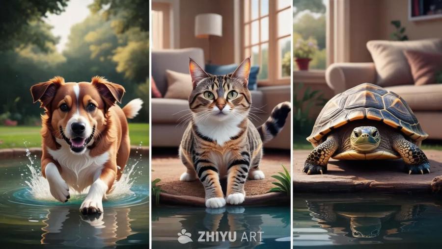 一只狗在公园的水中玩耍，水花四溅。一只猫站在客厅的