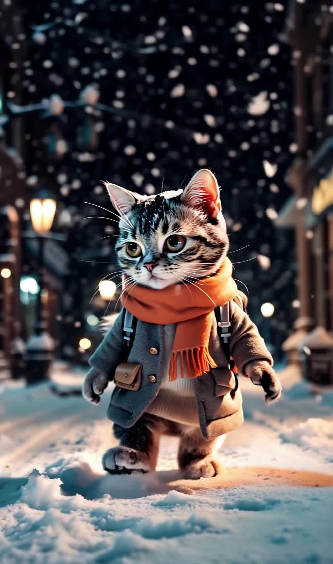 雪夜，穿着外套围巾的猫在雪地里行走。