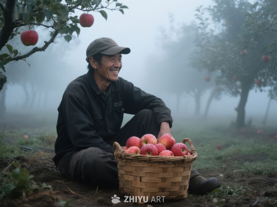 果园晨雾中，农夫与苹果篮 157