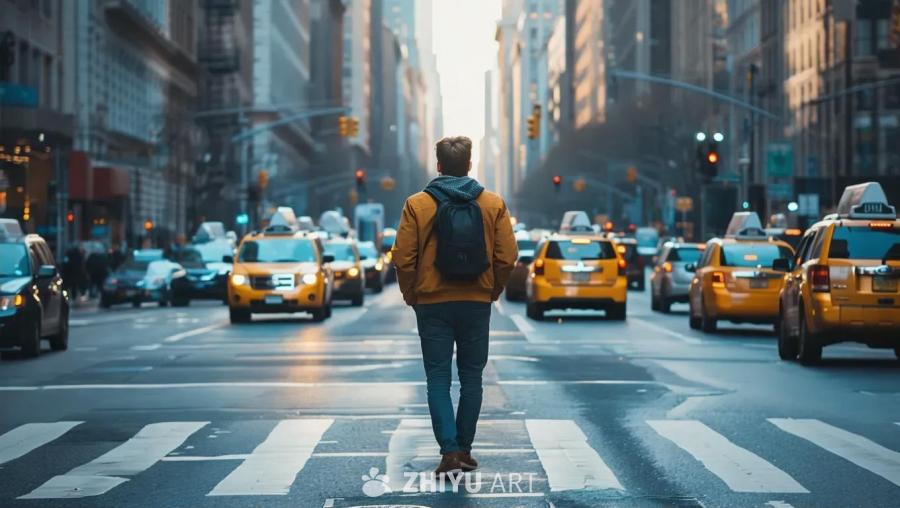 一名男子走在繁忙的马路上的斑马线上，他背着一个黑色