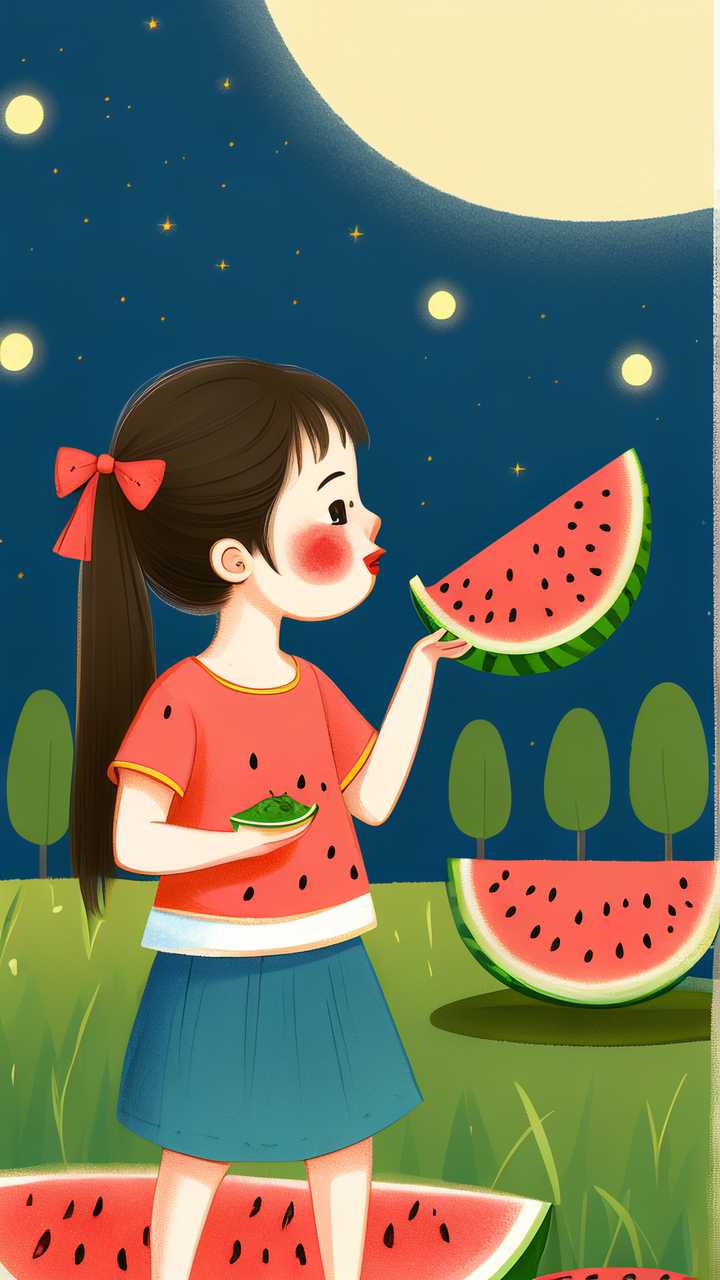 夜晚女孩吃西瓜插画
