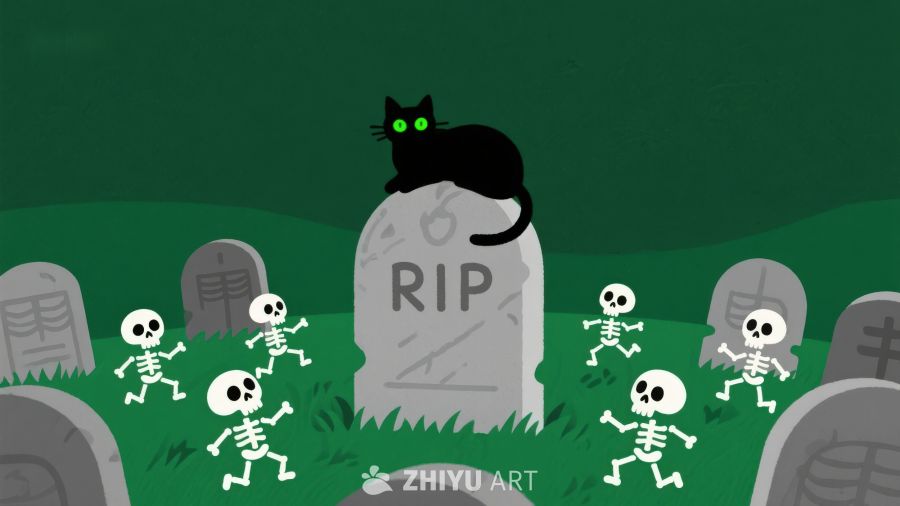 墓地里的黑猫与跳舞的骷髅