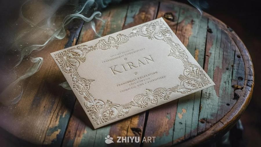 一张设计精巧、神秘优雅的邀请卡，致Kiran， 放