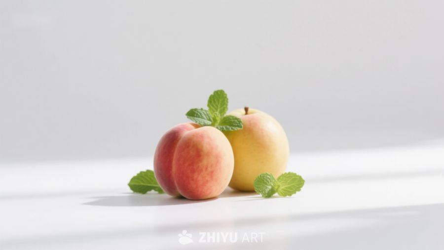 新鲜桃子与薄荷叶的静物组合