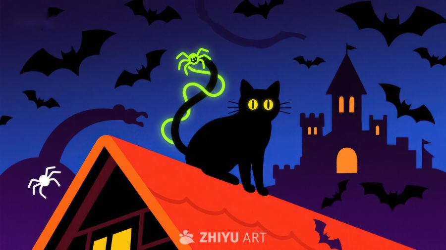 万圣夜屋顶上的黑猫与幽灵城堡