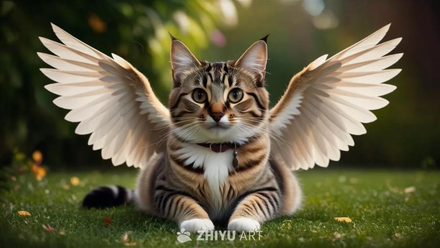 一只条纹猫坐在绿色的草地上，它长着一对白色的翅膀，