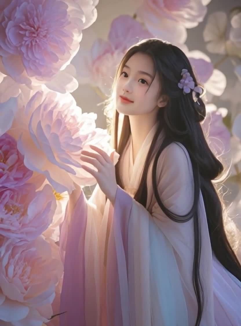 粉花丛中浅色汉服长发女子