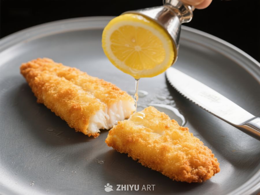 柠檬汁浇灌金黄炸鱼条