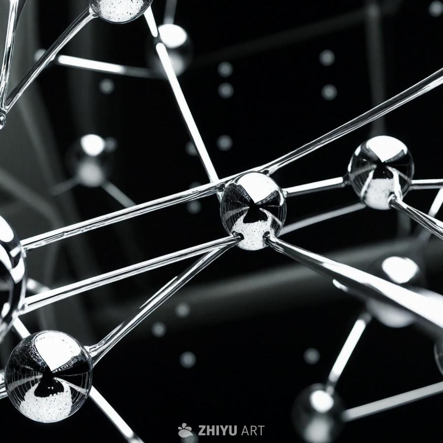 图像展示了具有分子设计的3D壁纸，镀铬表面，呈现高