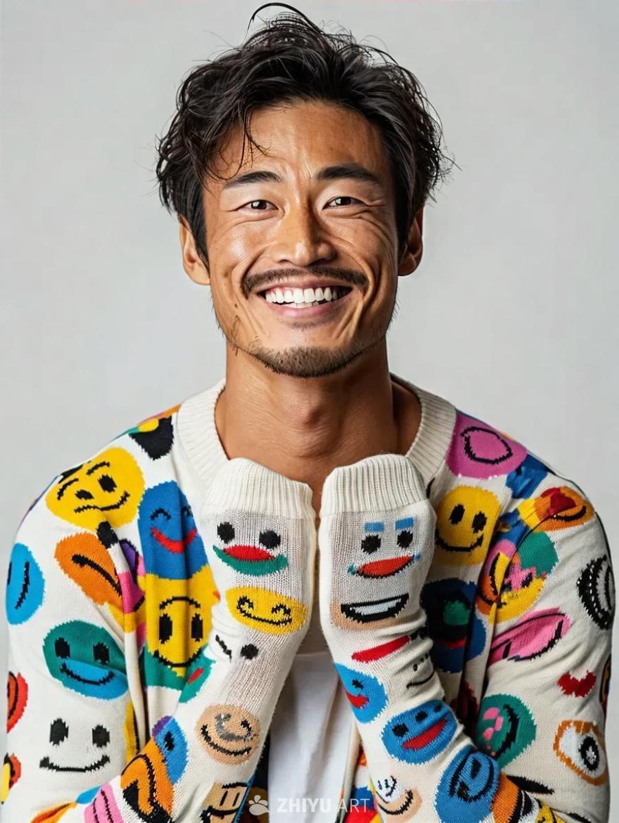 一位时髦的亚洲年轻人，穿着带有欢快彩色面孔的白色袜