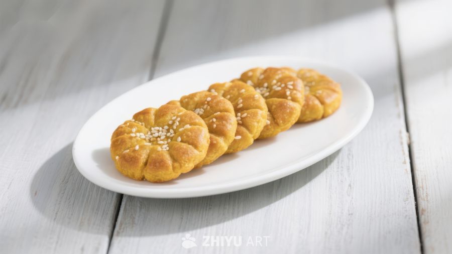 芝麻糕点整齐排列于白色盘中
