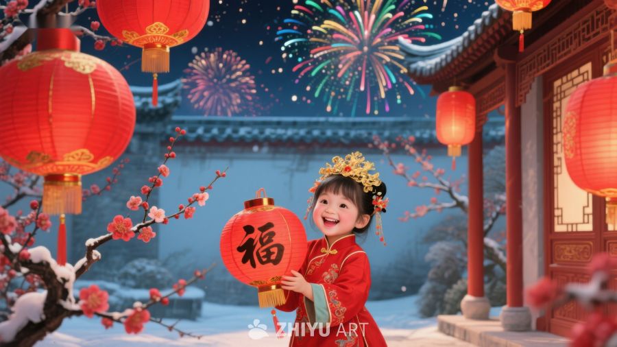 小女孩手持福字灯笼庆祝新年 966