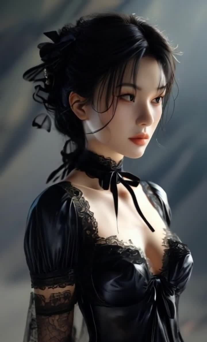 身着黑色连衣裙的亚洲女性凝视镜头