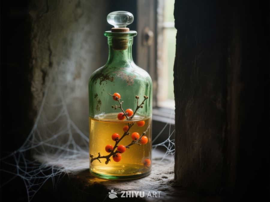 窗边的古老药瓶与浆果枝 85
