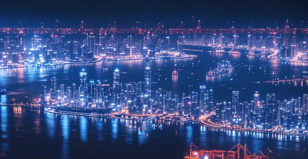 璀璨都市夜景：高楼林立水光潋滟，桥梁船只尽收眼底