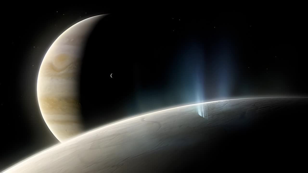 一个大型行星以深色和浅色地形的鲜明对比缓慢旋转，在