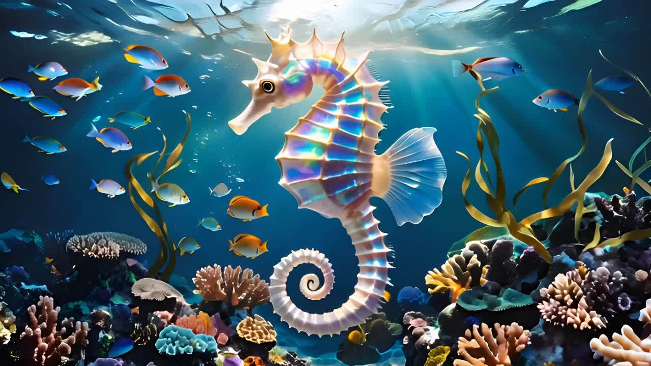 水中有一只彩虹色的海马，周围有许多鱼，海马的尾巴呈