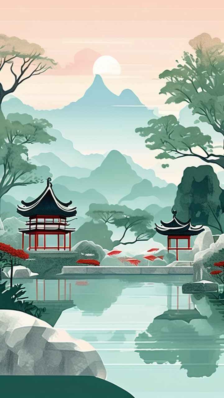 中国画园林植物水亭子插画 29