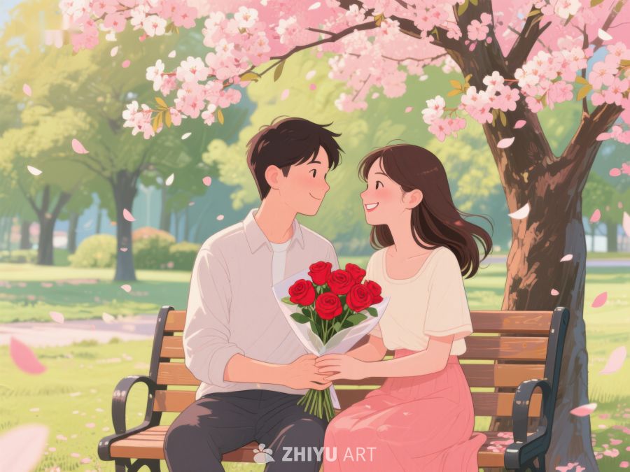 情侣公园赏花，手捧玫瑰温馨互动 523