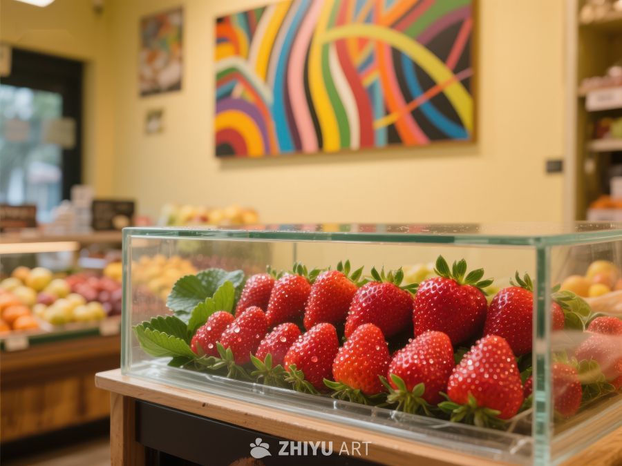 新鲜草莓展示在透明玻璃柜中 657