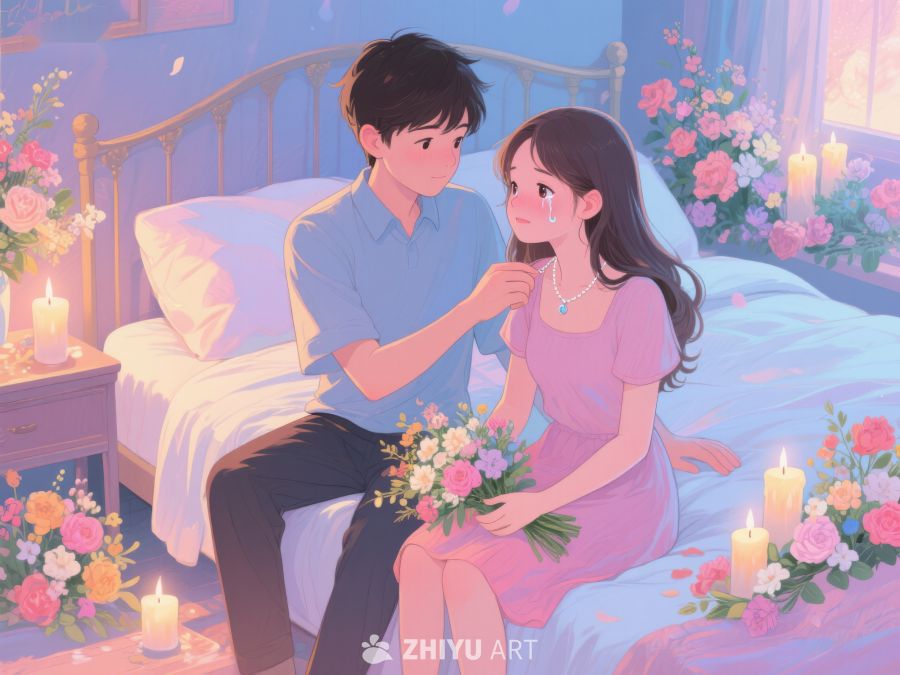 温馨床边，情侣共度浪漫时光 730