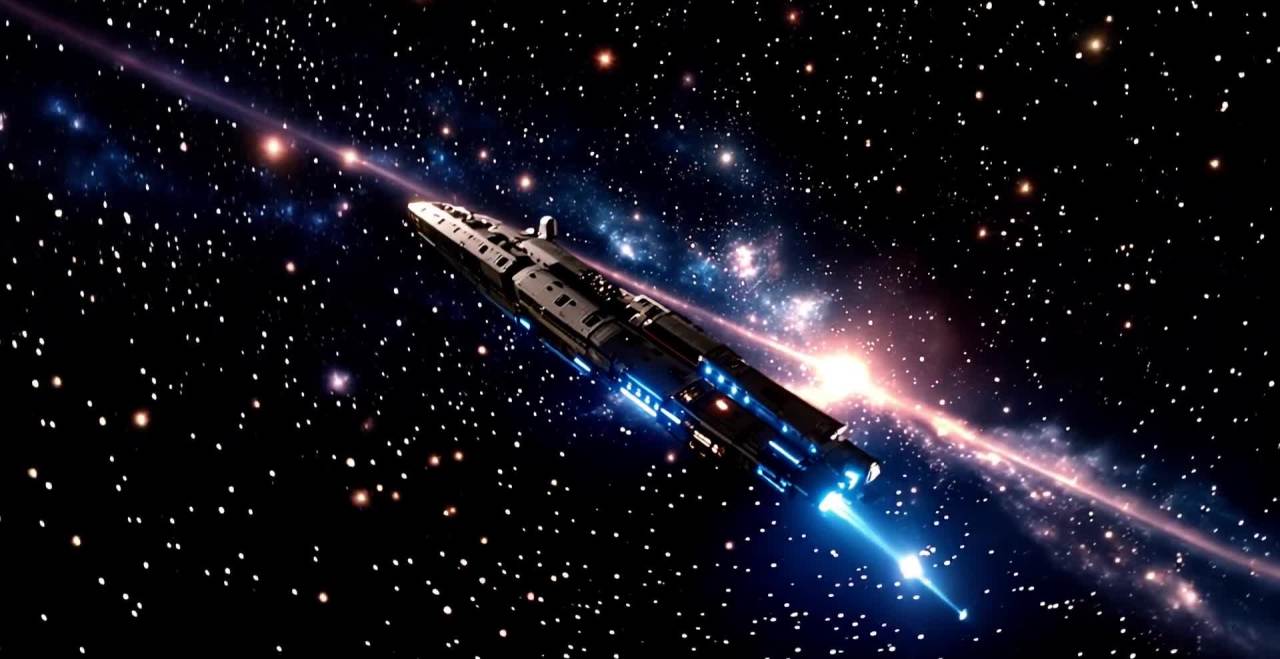 一艘巨大的宇宙飞船滑过星空，周围环绕着闪烁的星星和