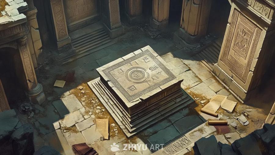 一个大型的方形主房间，位于一座破败的寺庙中。一个石