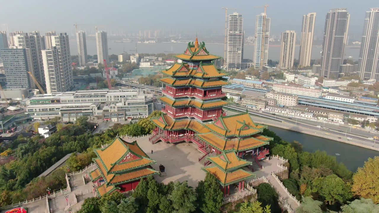  江苏南京阅江楼地标建筑航拍