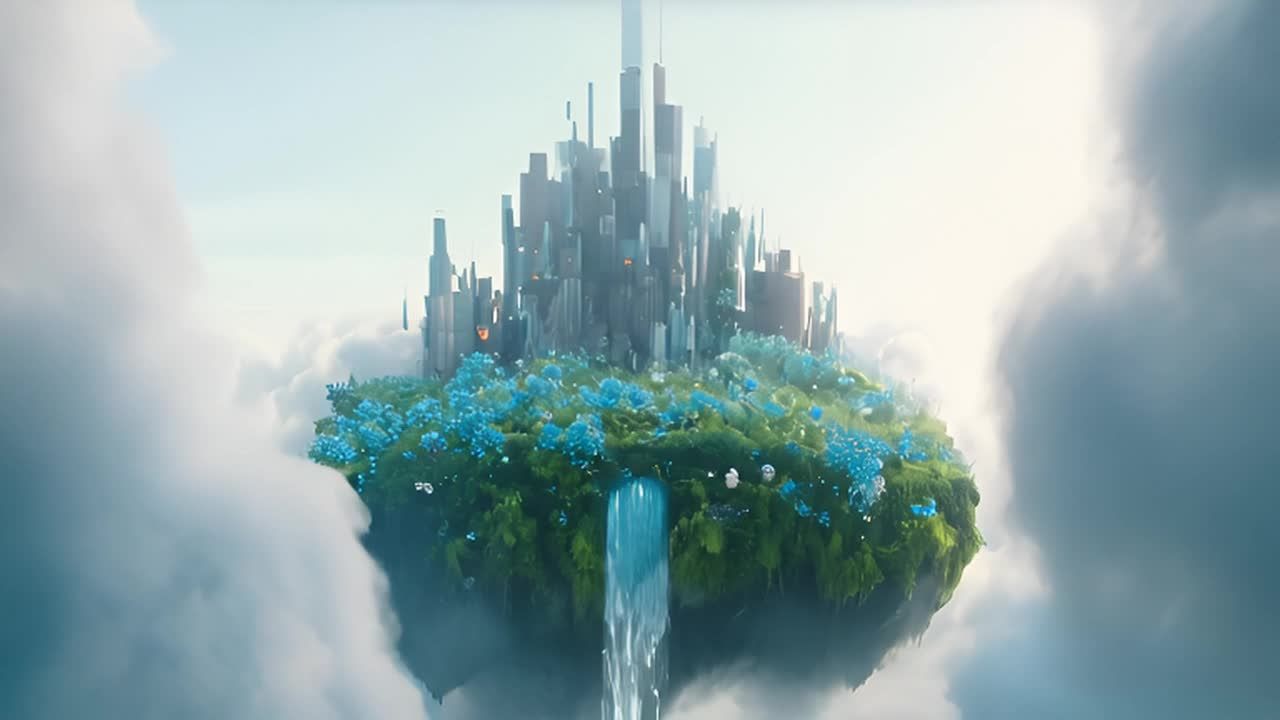 一个漂浮在云层中的城市，长满了鲜艳的绿色植物和蓝色