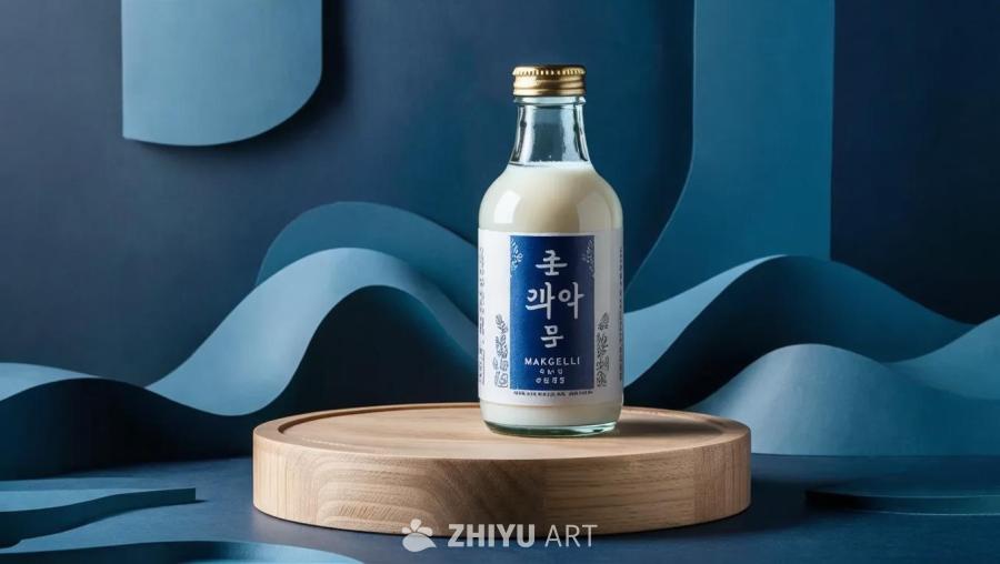 一瓶贴有标签的玻璃瓶装米酒，放置在深蓝色柔和波浪图