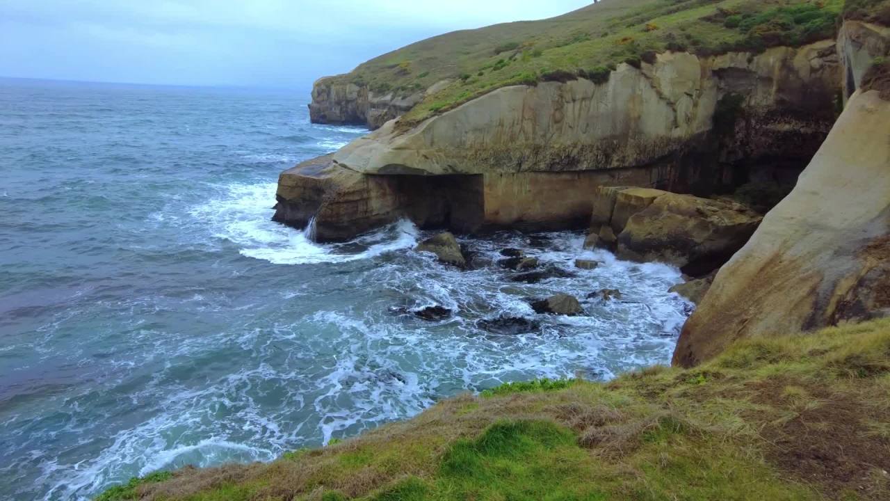 新西兰达尼丁隧道海滩海浪冲刷着海边巨大礁石 2