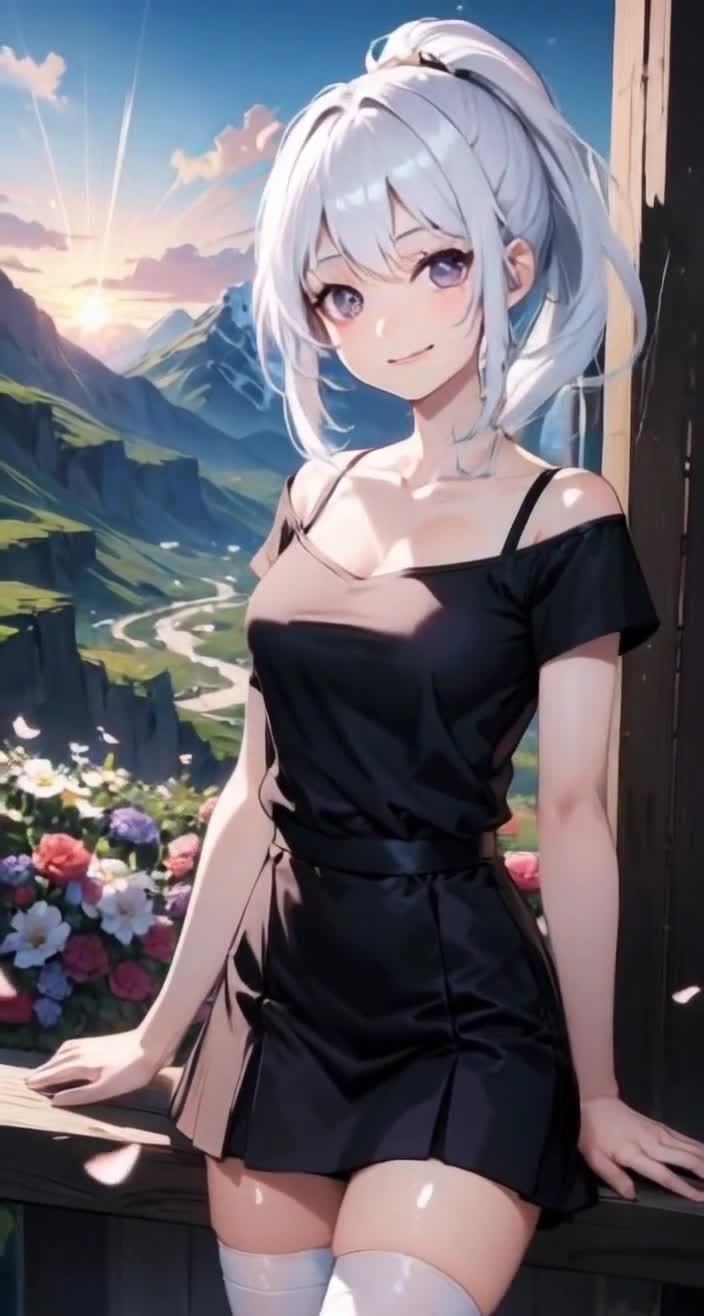 银发少女阳台远眺，山河日出，黑裙白袜。