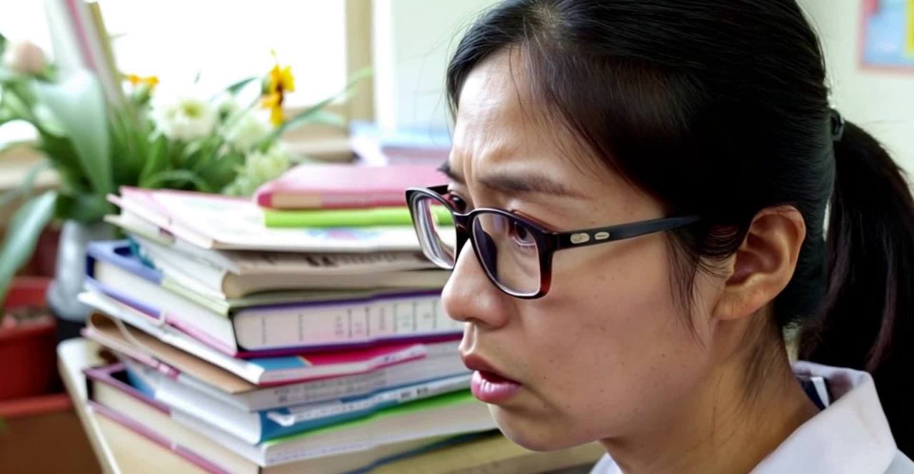 戴眼镜女子书堆旁沉思