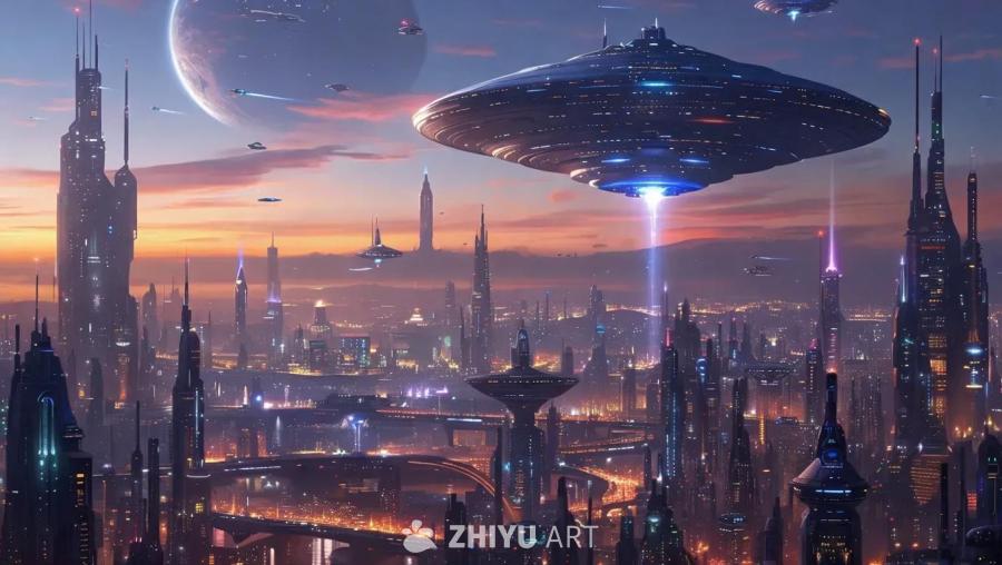 黄昏时分，一座未来主义的、发光的异星城市，高耸的建