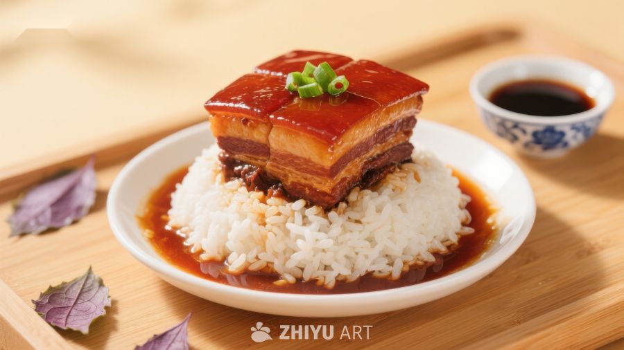 红烧肉盖饭，配酱油小碟