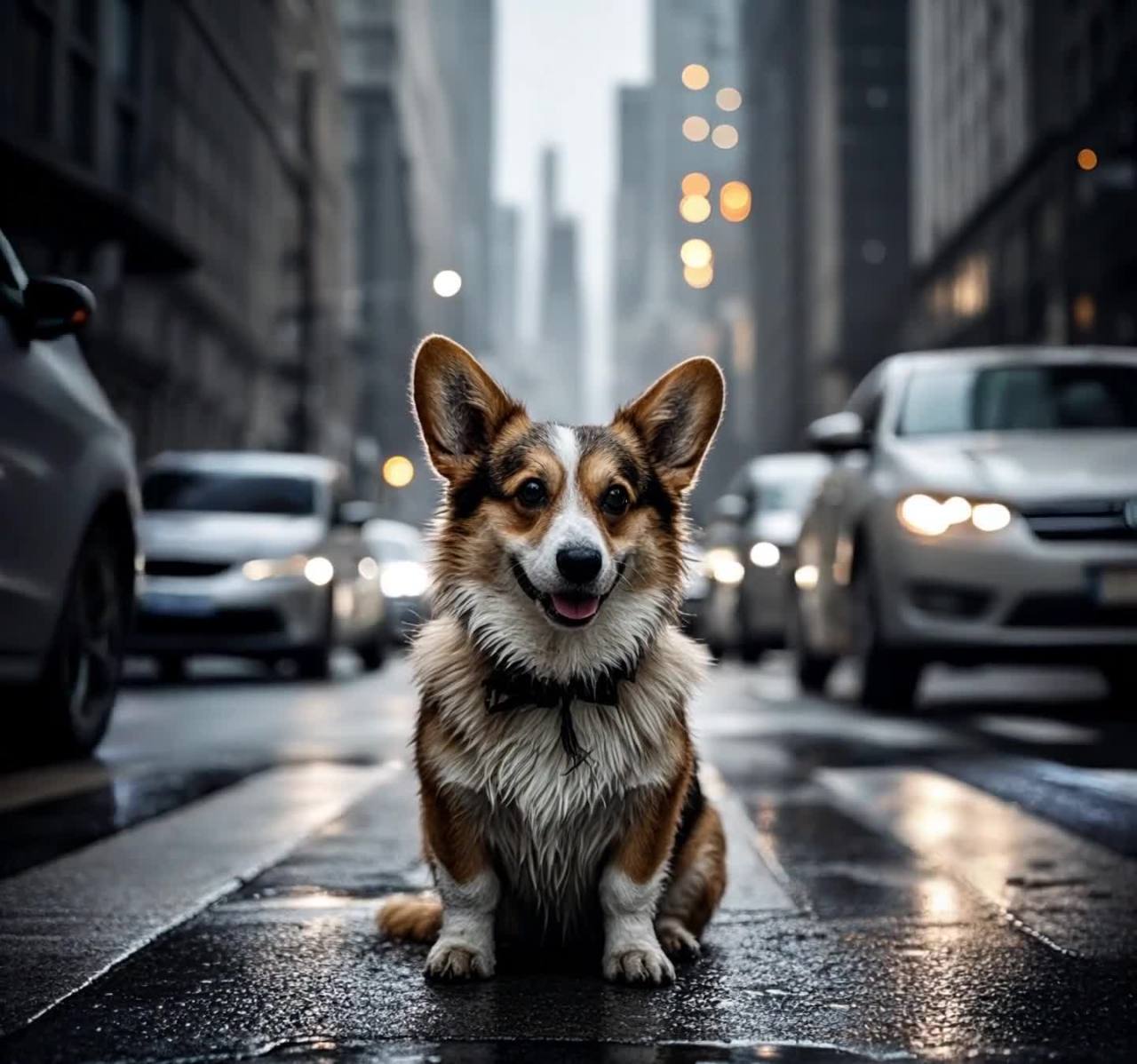 一只柯基犬坐在马路中间的斑马线上，它的毛发呈棕色、