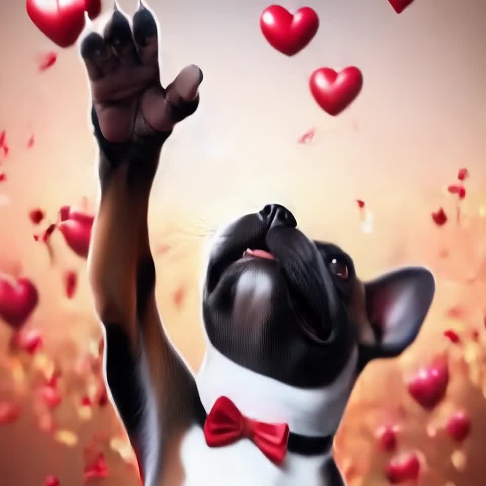一只斗牛犬身穿衬衫，戴着红色领结。狗狗的前方有一个