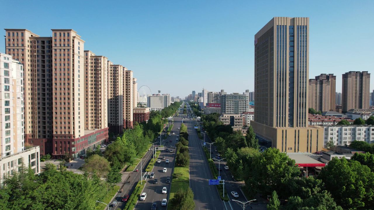 山东潍坊城市风光交通城市大景高楼建筑航拍 
