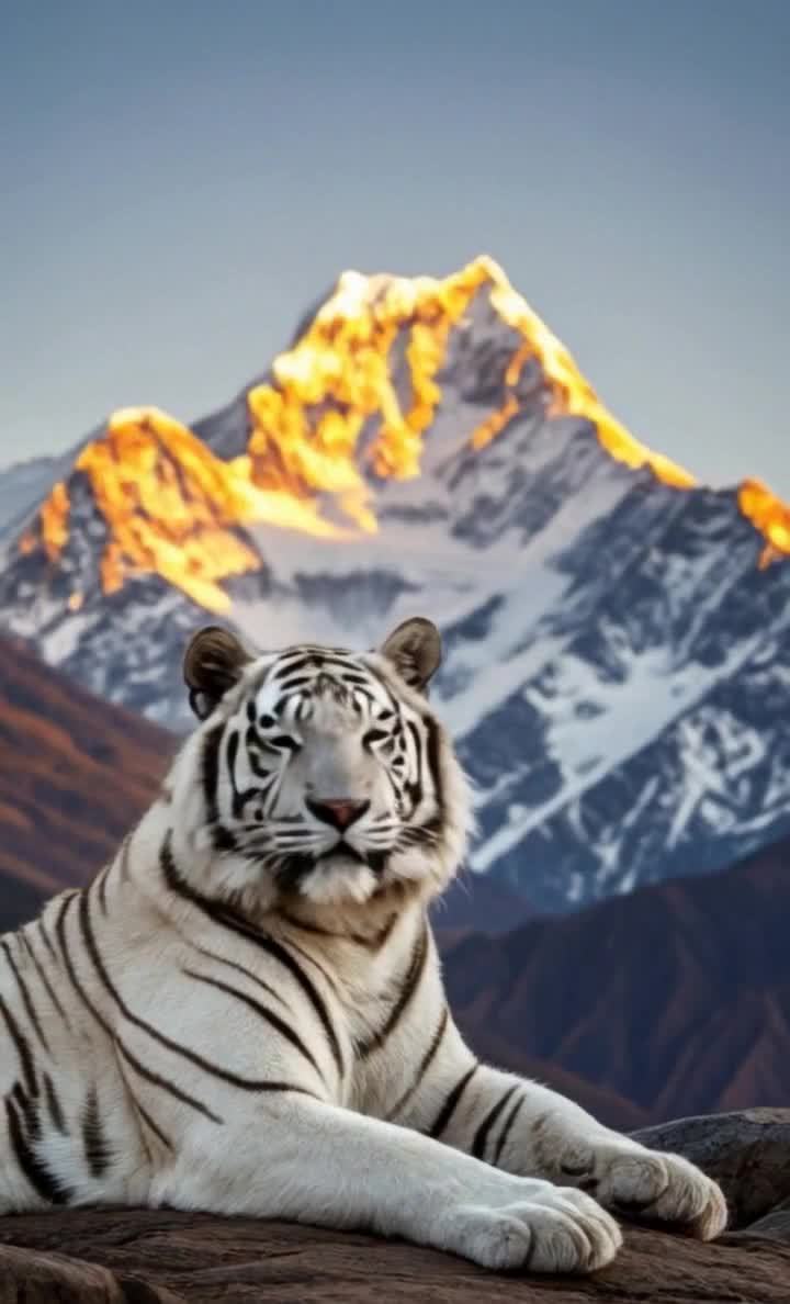 雪山映衬下的白色老虎