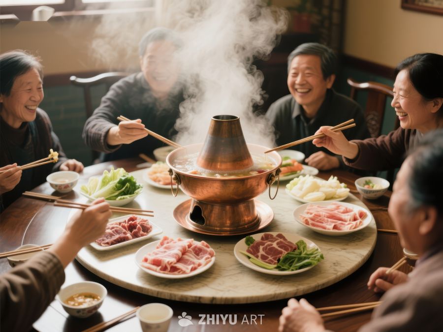 家人围坐享用热气腾腾的火锅 233